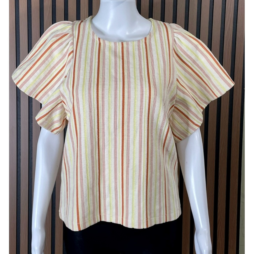 Madewell‎ Women's S Brown Blouse Top Cotton Striped Flutter Sleeve Minimalist
